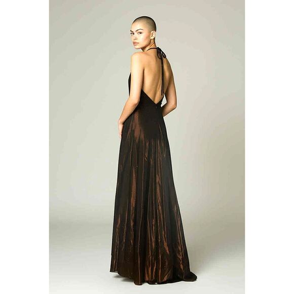 Vintage Scott McClintock Bronze Satin Halter Evening Gown Maxi Dress Size 10 USA - Picture 3 of 5